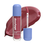 Lip oil with blue cap and pinkish-red color, showing a swatch on a white background.