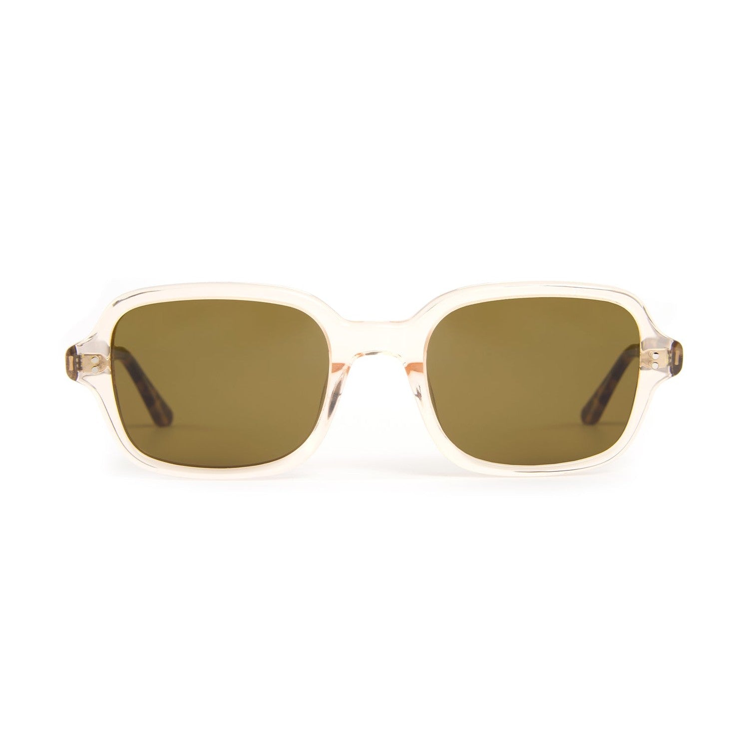 Sunglasses with gold frame and green lenses on a white background