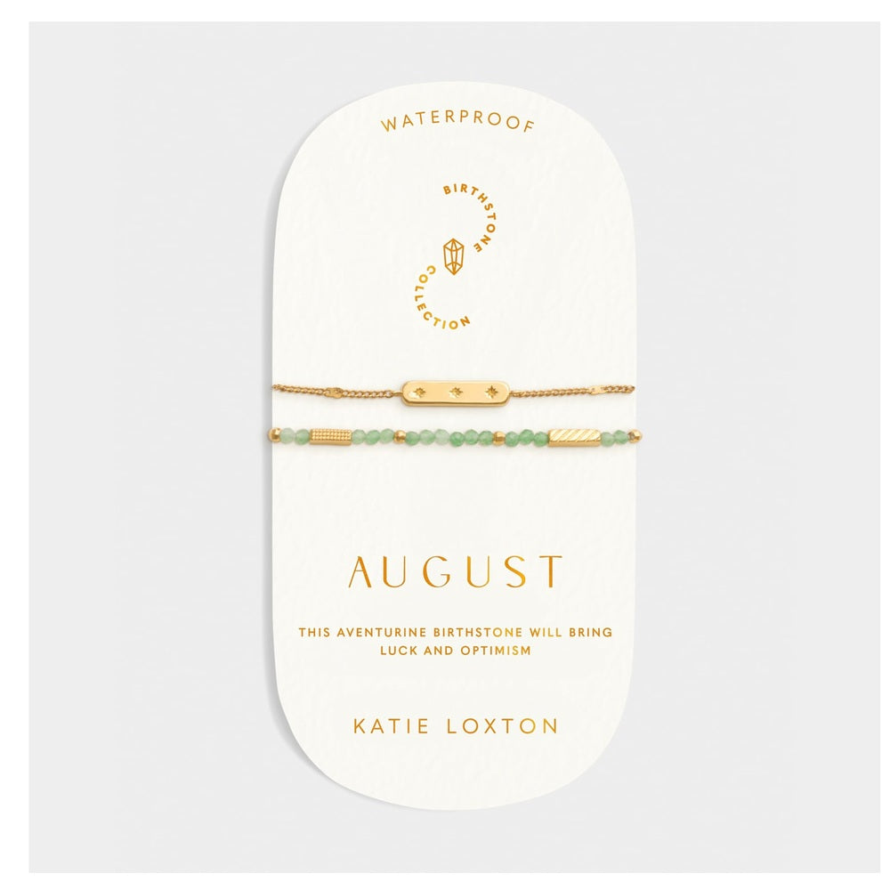 August birthstone bracelet set with green aventurine beads and gold bar charm on display card