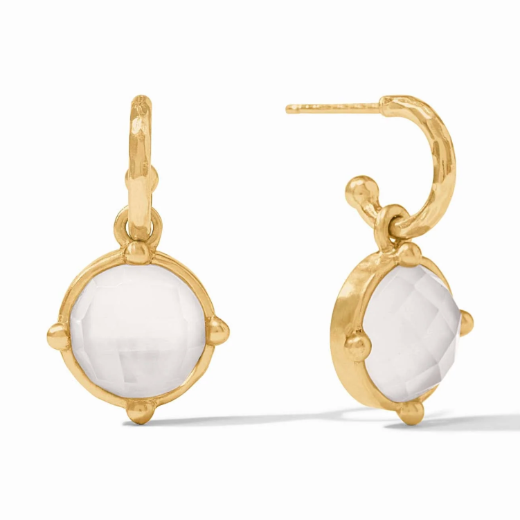 Gold hoop earrings with round faceted white stone drops