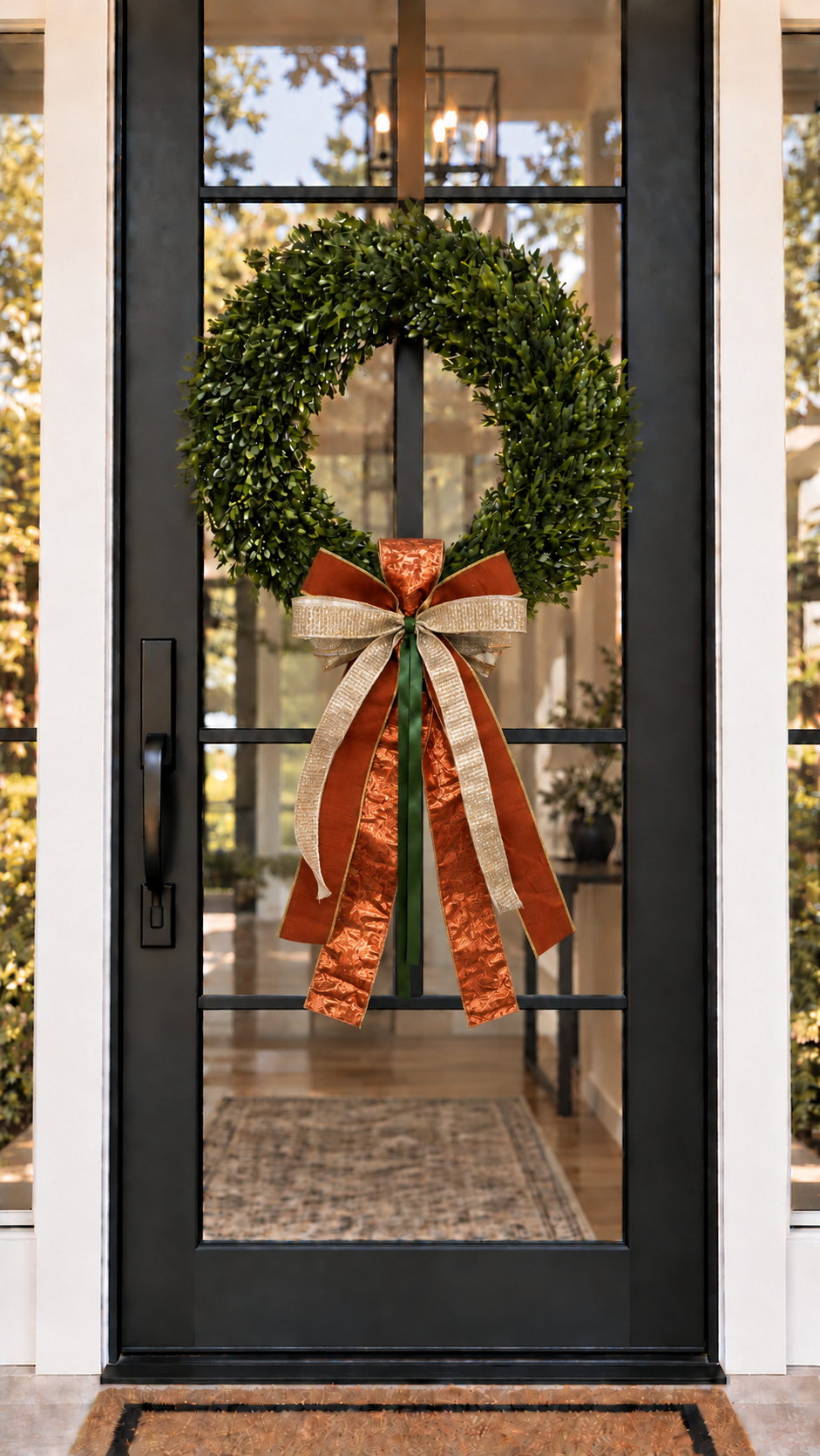 Black front door with a boxwood wreath finished with a copper orange and gold ribbon bow