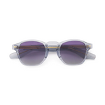 Sunglasses with clear frame and purple lenses on a white background