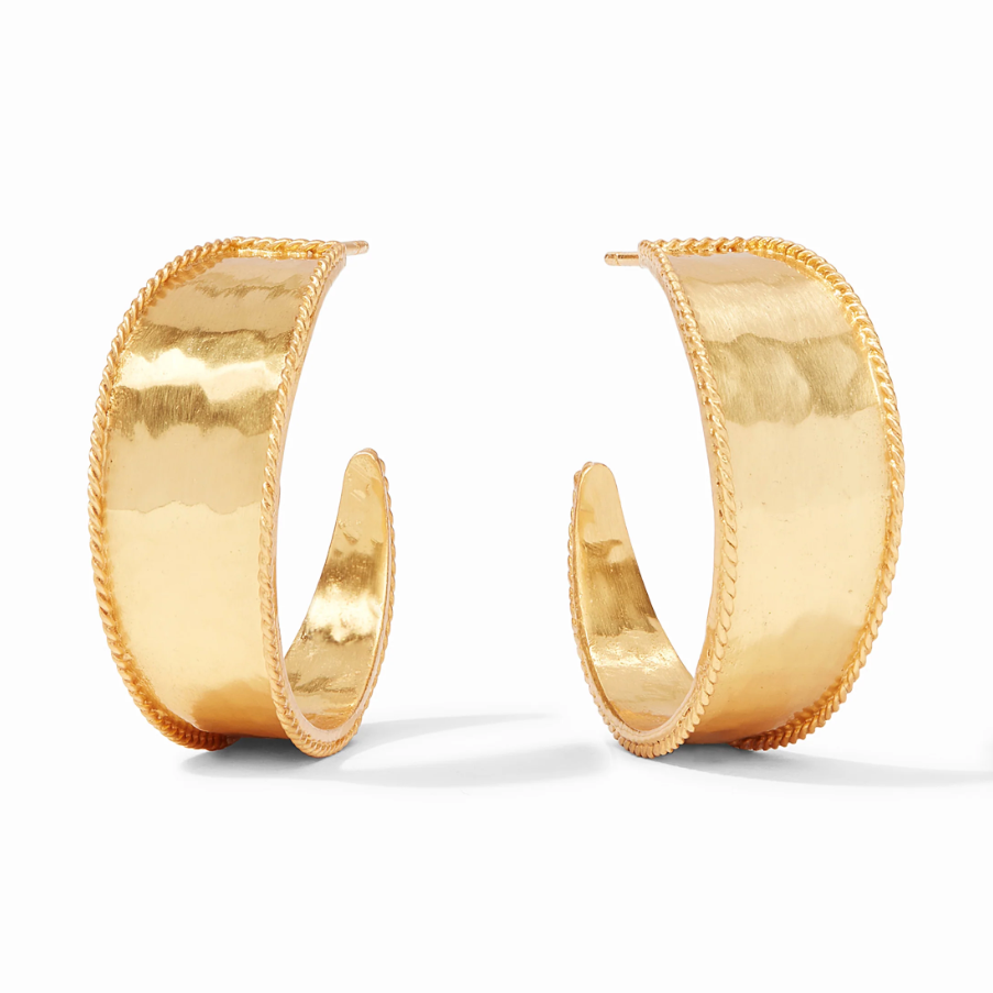 Gold hoop earrings with a hammered texture and rope edge detail