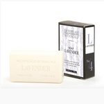 Lavender soap bar with packaging on a white background