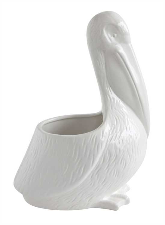 White ceramic pelican planter on a white background