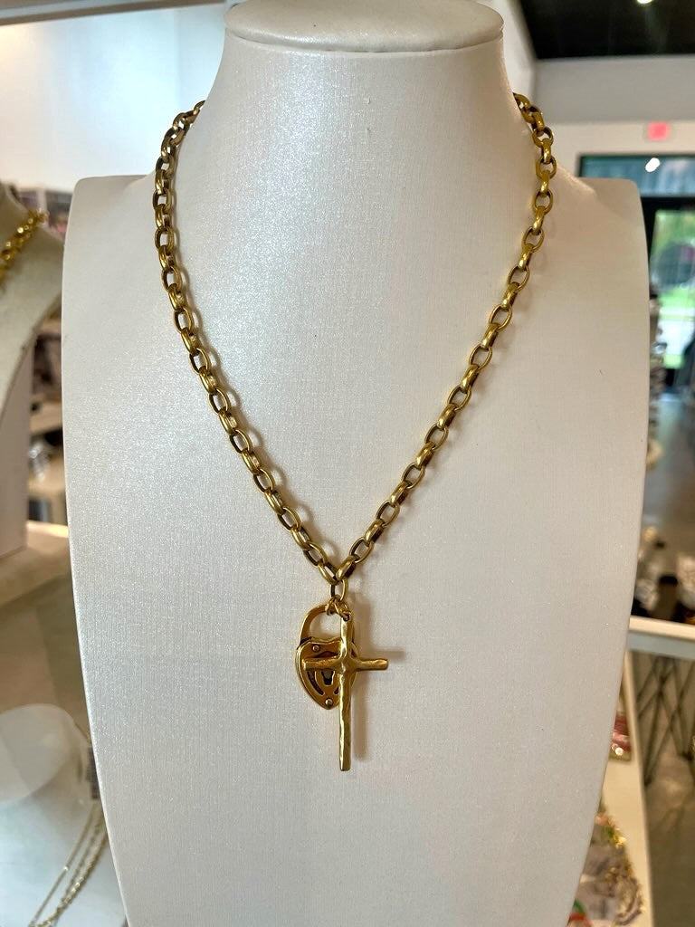 Cross & Heart Locket Thin Chain Necklace