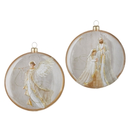 Two glass disc ornaments with an angel and a Holy Family scene