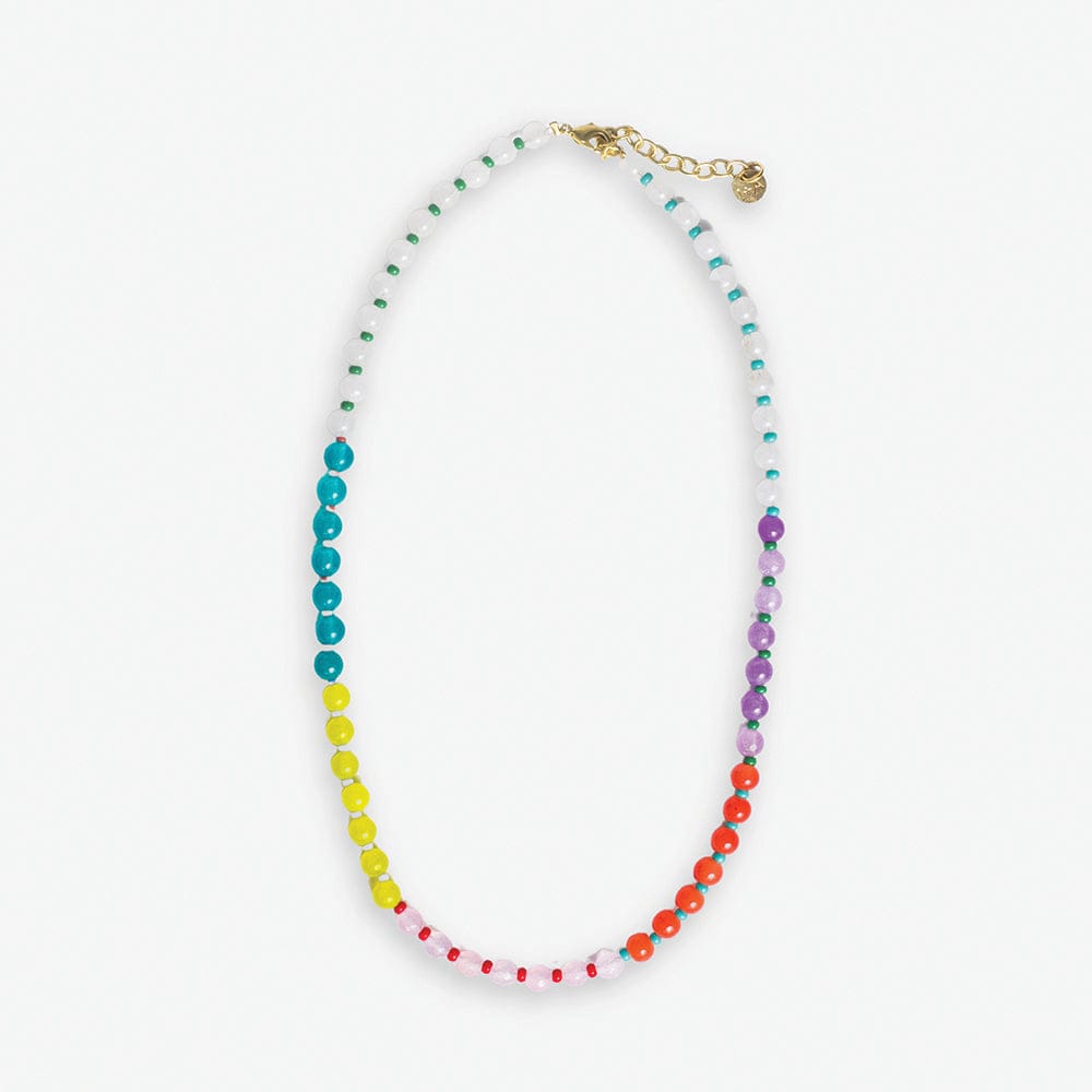Beaded necklace with small round colorful beads arranged in an ombre pattern of white, blue, yellow, red, and purple hues featuring a gold-tone lobster clasp and extender