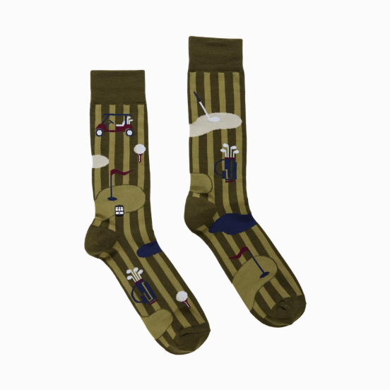 Two socks with golf-themed designs on a white background