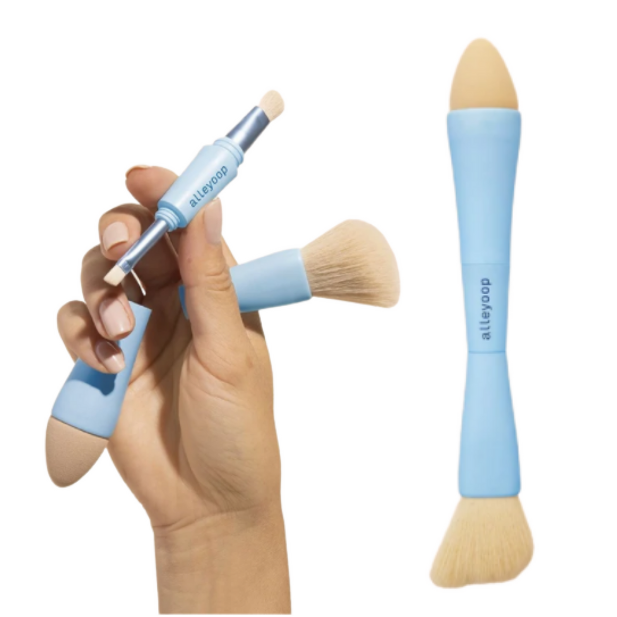 Hand holding a light blue multi-functional makeup brush with sponge and bristle ends