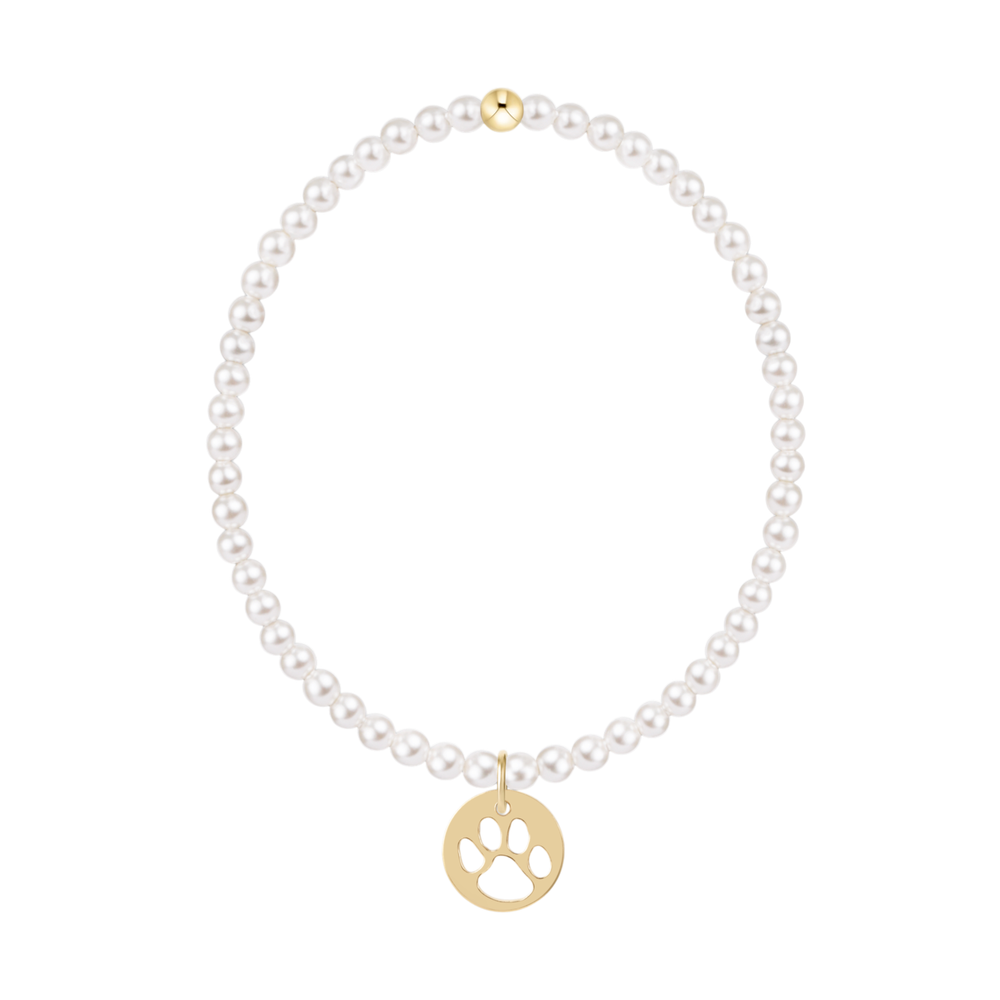 Pearl beaded bracelet with a gold paw print charm