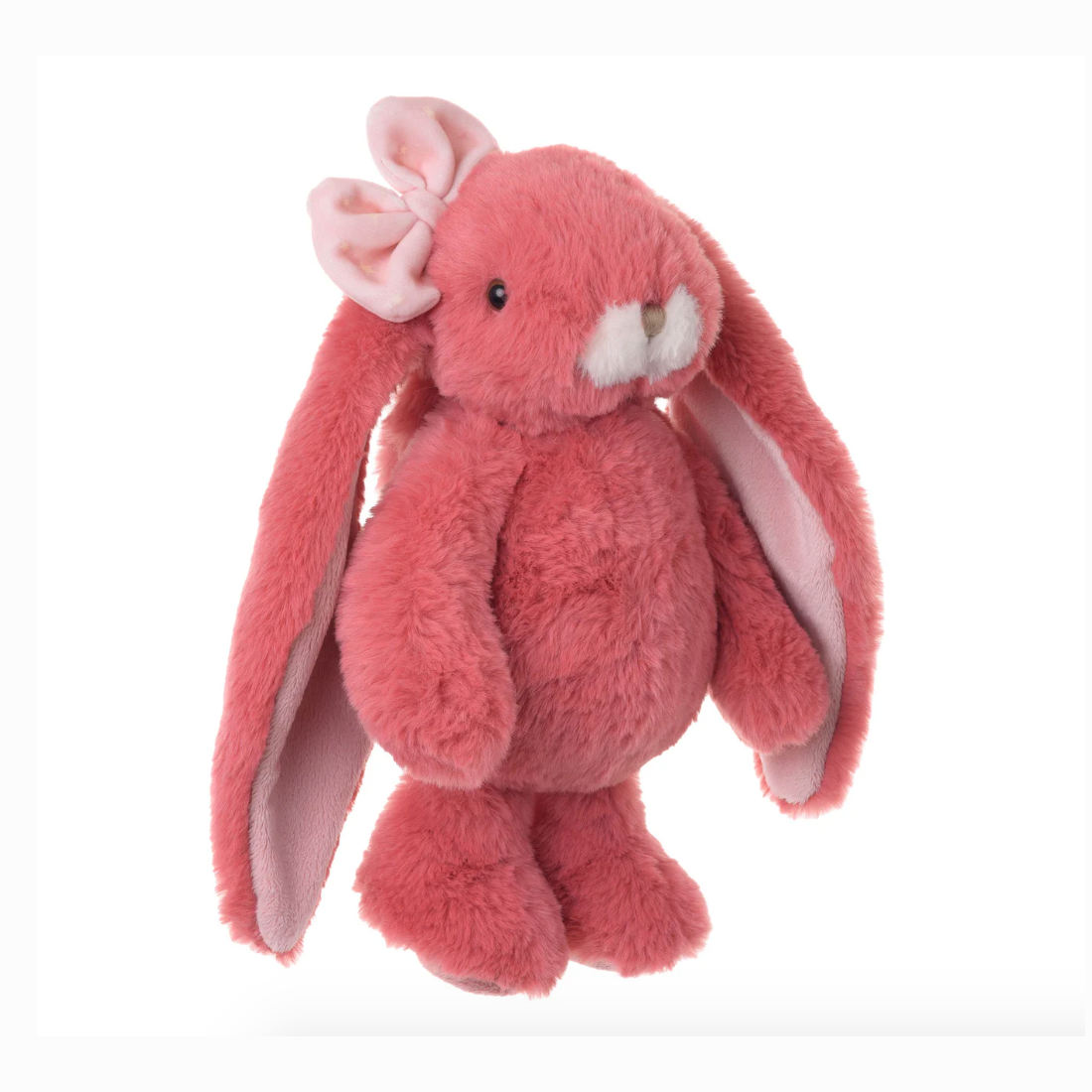 Pink plush bunny toy with a bow on a white background