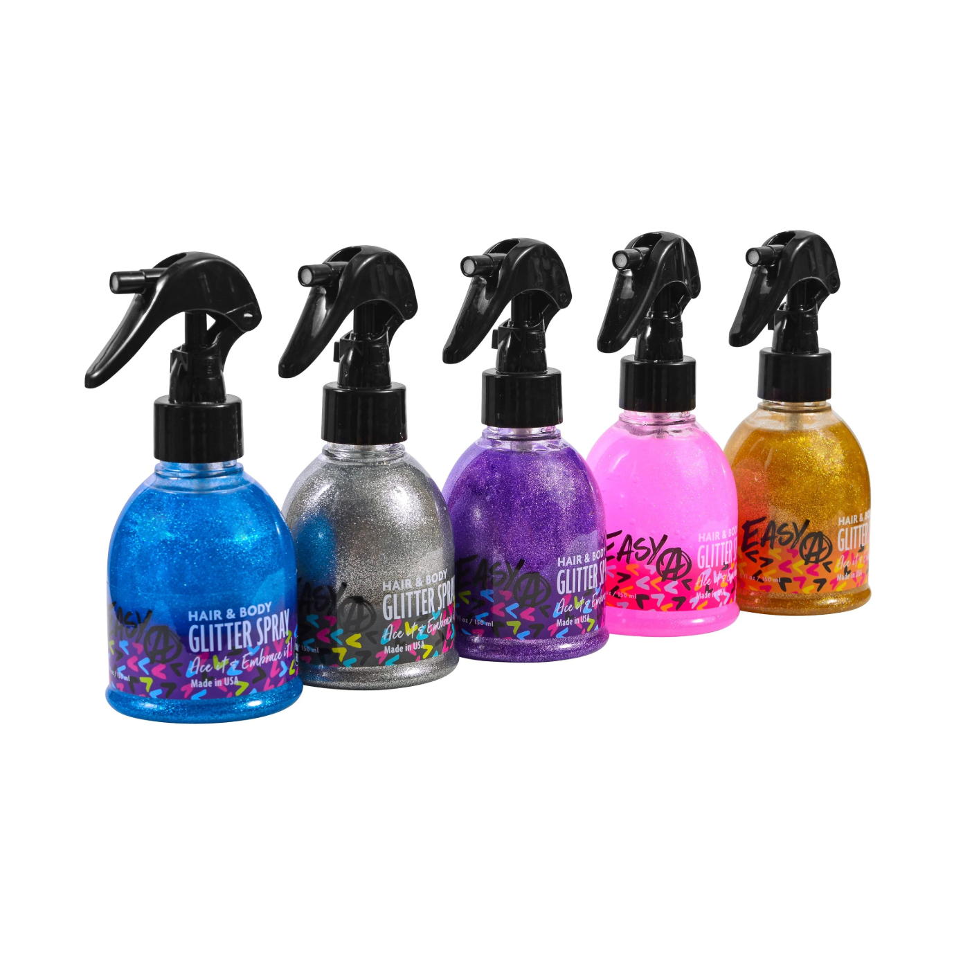 Five glitter spray bottles in different colors on a white background