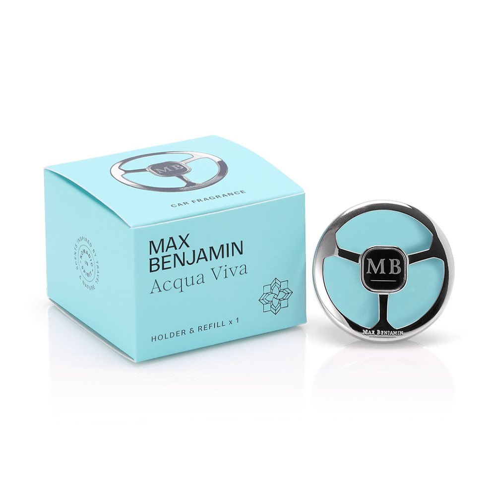 Max Benjamin Acqua Viva car fragrance box and steering wheel shaped metal holder
