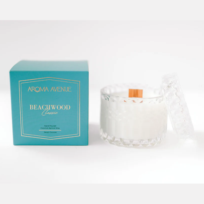 Aroma Avenue Beachwood candle and packaging on a white background