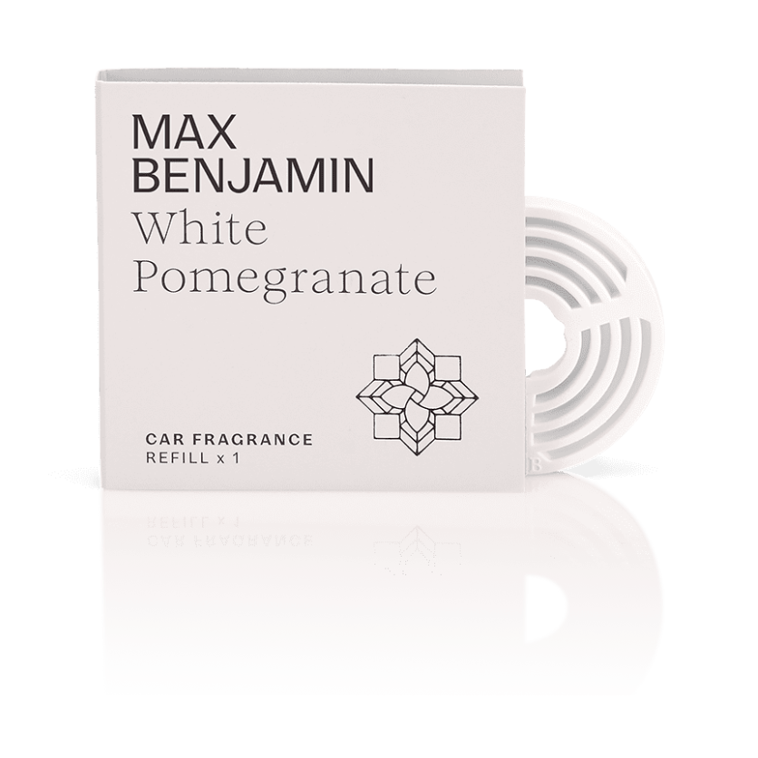 Max Benjamin White Pomegranate car fragrance refill box and circular white scent disc