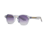 Sunglasses with clear frame and gradient purple lenses on a white background