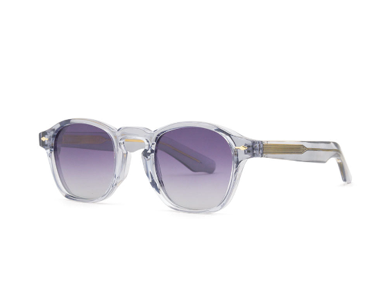 Sunglasses with clear frame and gradient purple lenses on a white background