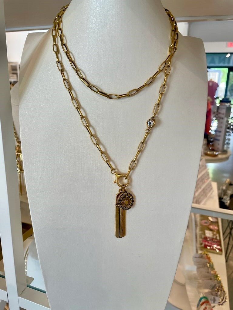 Cross & Wax Heart Seal Double Chain Necklace