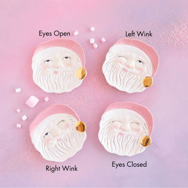 Pink Santa face plates labeled eyes open, left wink, right wink and eyes closed