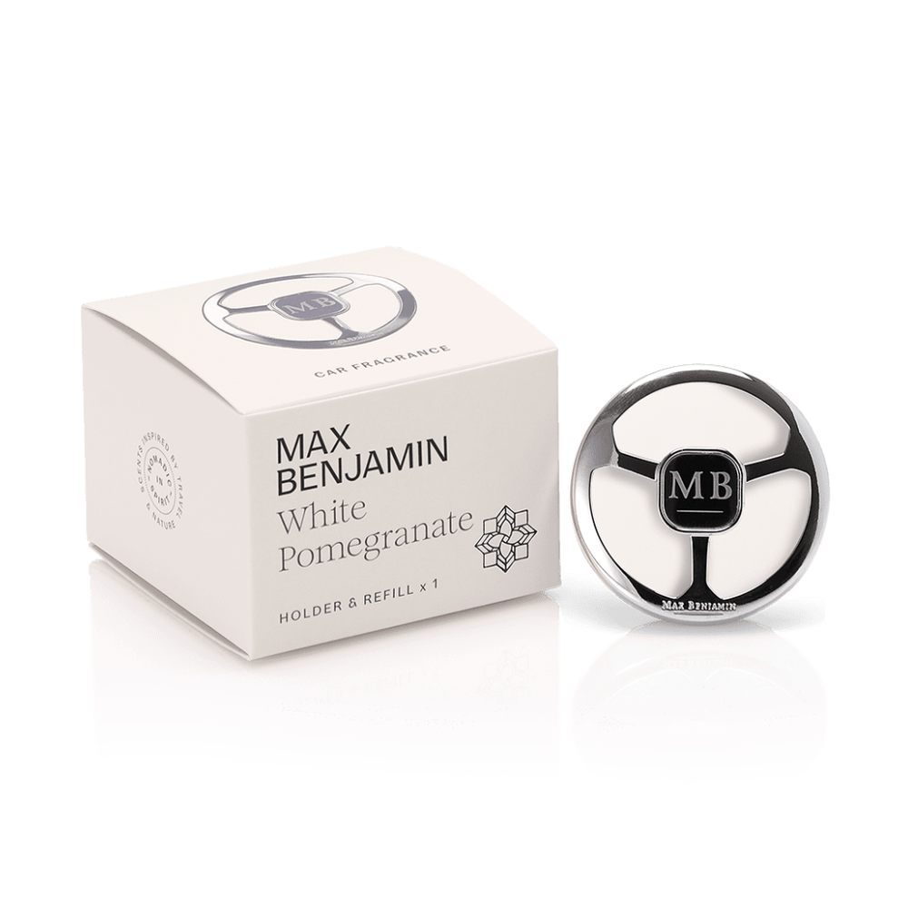Max Benjamin White Pomegranate car fragrance holder and refill box with steering wheel shaped metal diffuser