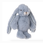 Plush toy rabbit in light blue on a white background