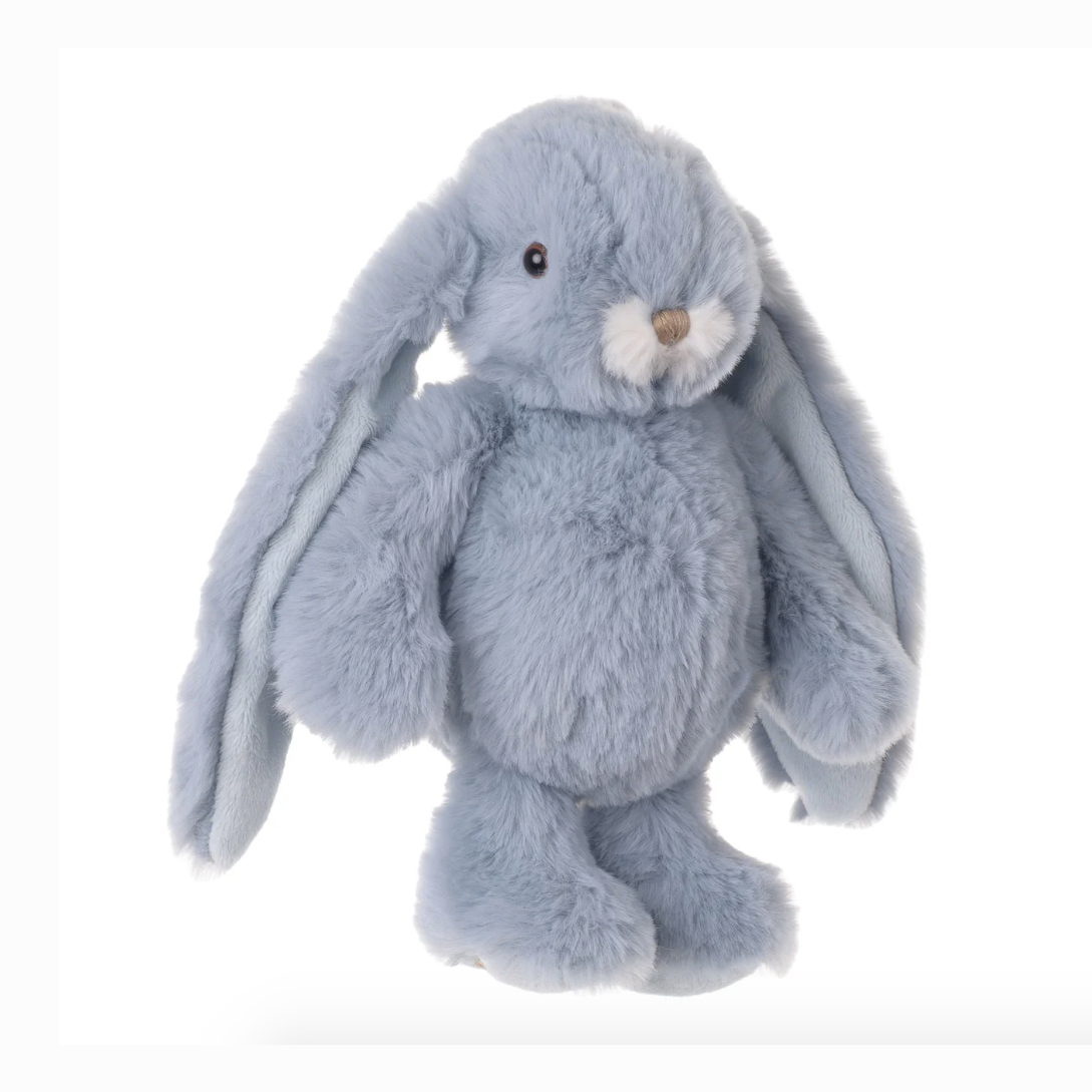 Plush toy rabbit in light blue on a white background