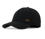 Black melin performance cap with a small gold logo