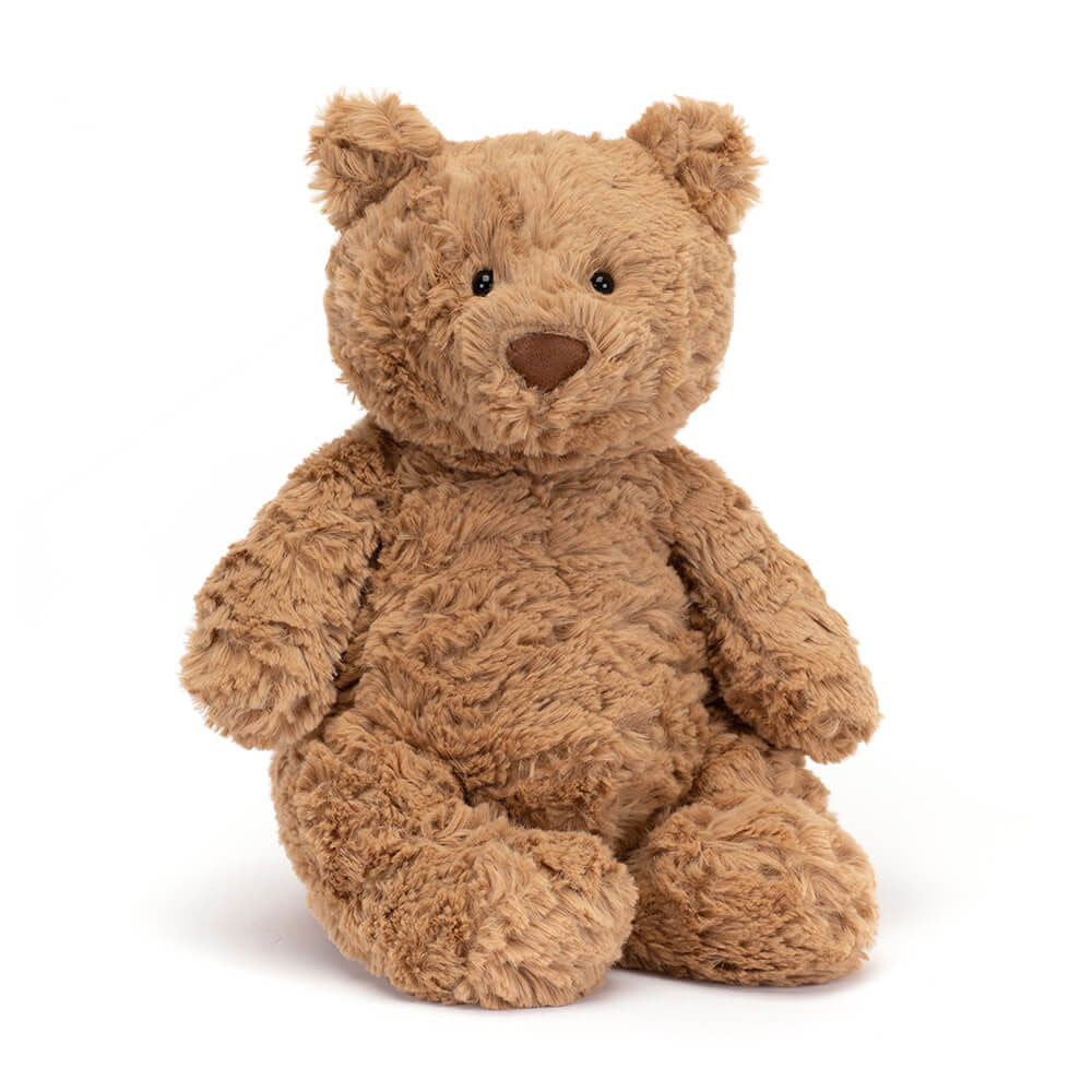 Brown plush teddy bear with textured fur and dark brown nose