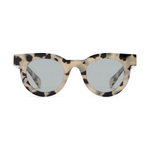 Sunglasses with tortoiseshell frame and reflective lenses on a white background
