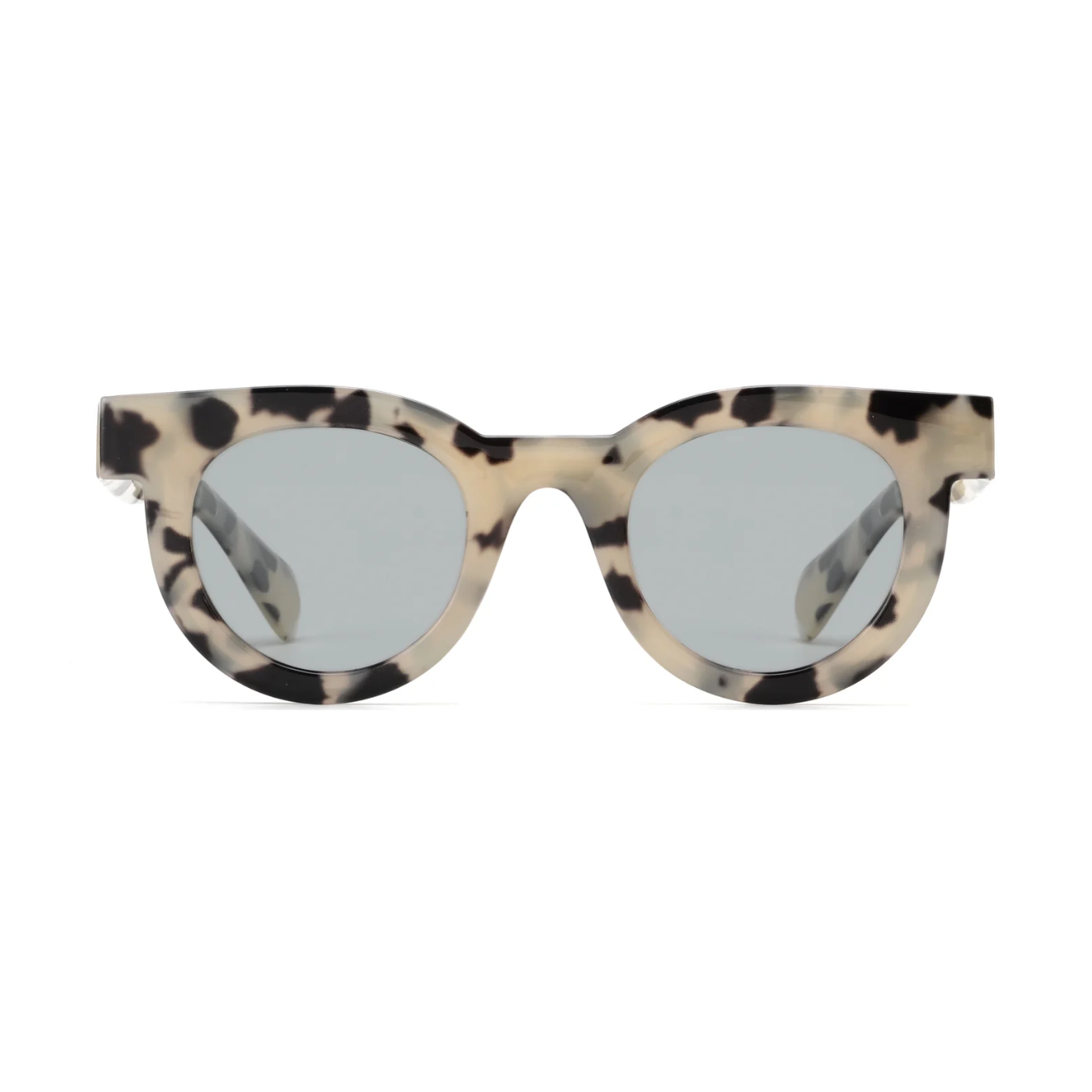 Sunglasses with tortoiseshell frame and reflective lenses on a white background