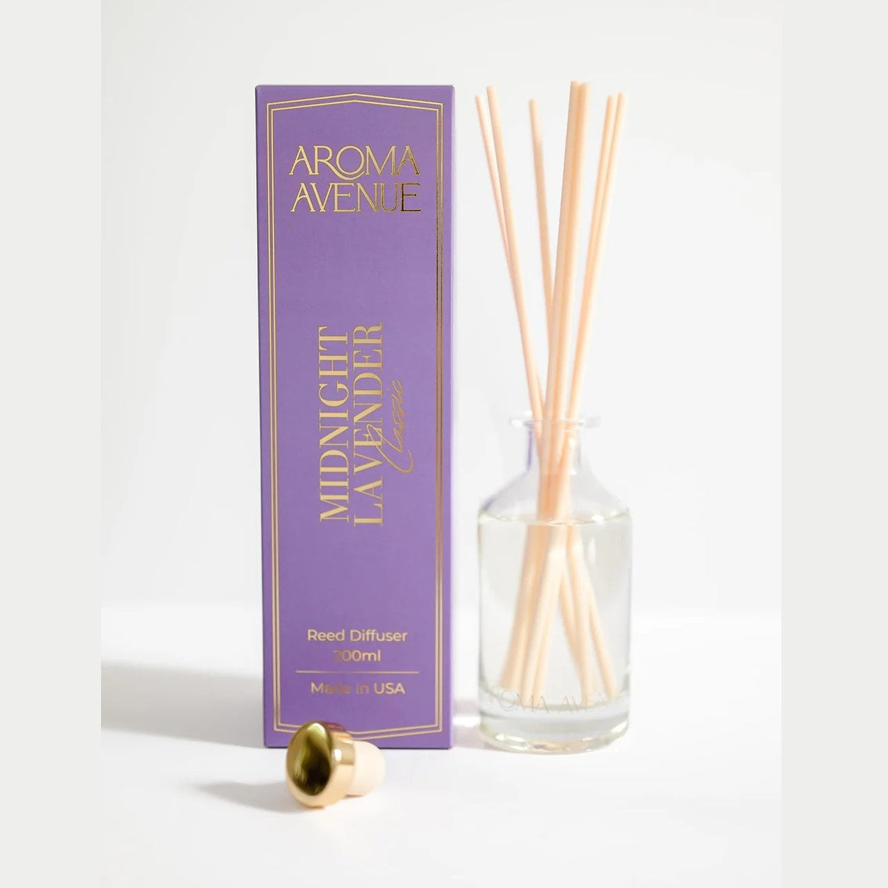Aroma Avenue Midnight Lavender diffuser set with packaging on a white background