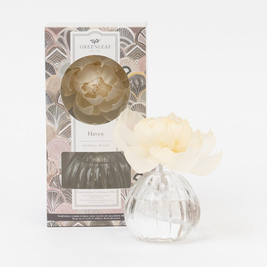 Haven flower diffuser in a ribbed glass vase in front of its box