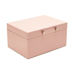A small pink Kendall jewelry box with a sleek design, featuring a lid and a removable tray.