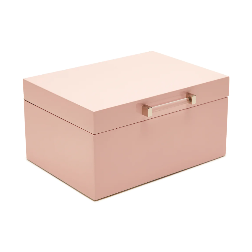 A small pink Kendall jewelry box with a sleek design, featuring a lid and a removable tray.
