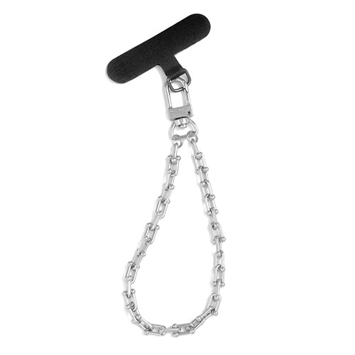 Metal and plastic accessory, a silver chain phone strap featuring a black T-shaped anchor, a shiny carabiner clip, and distinctive U-shaped links with small nubs