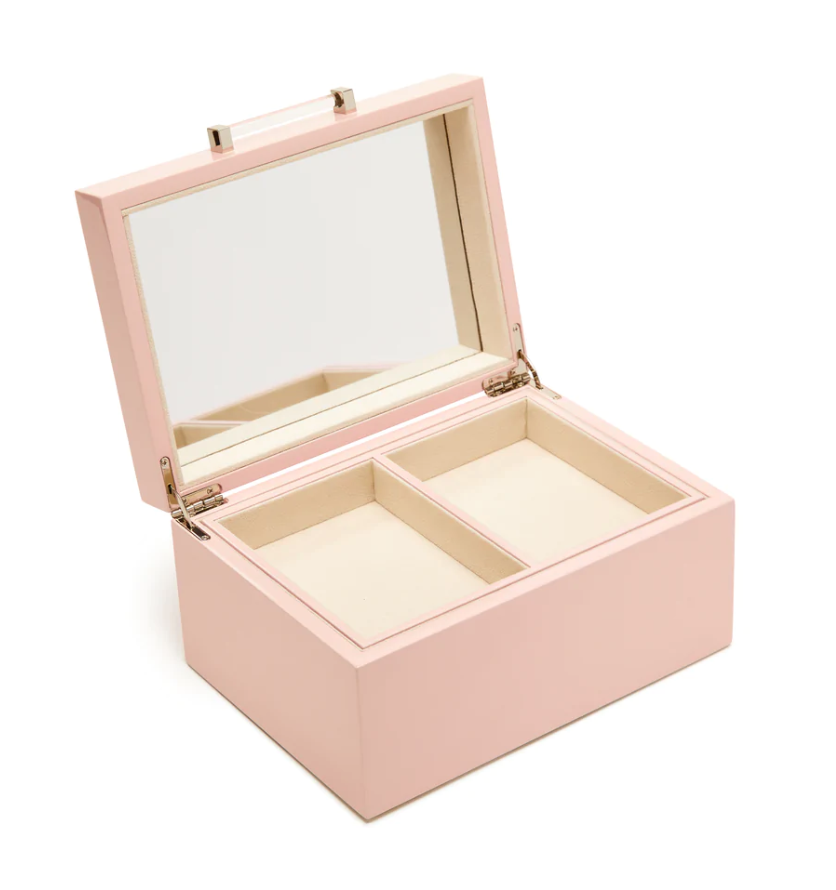 small pink jewelry box featuring a tray with 2 compartments. 