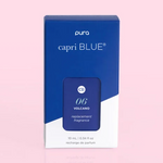 capri blue pura packaging on a pink background