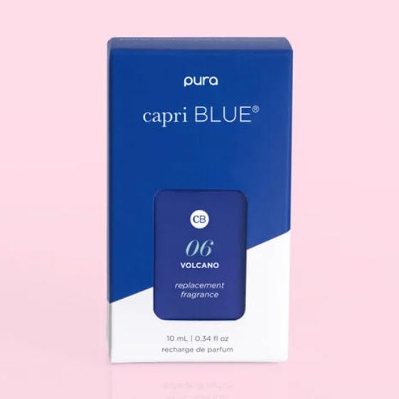 capri blue pura packaging on a pink background