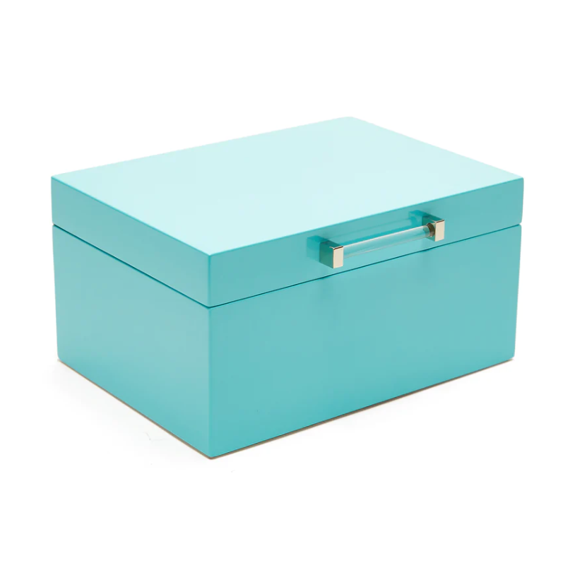 A small baby blue Kendall jewelry box with a sleek design, featuring a lid with a small square window and a gold and acrylic handle.