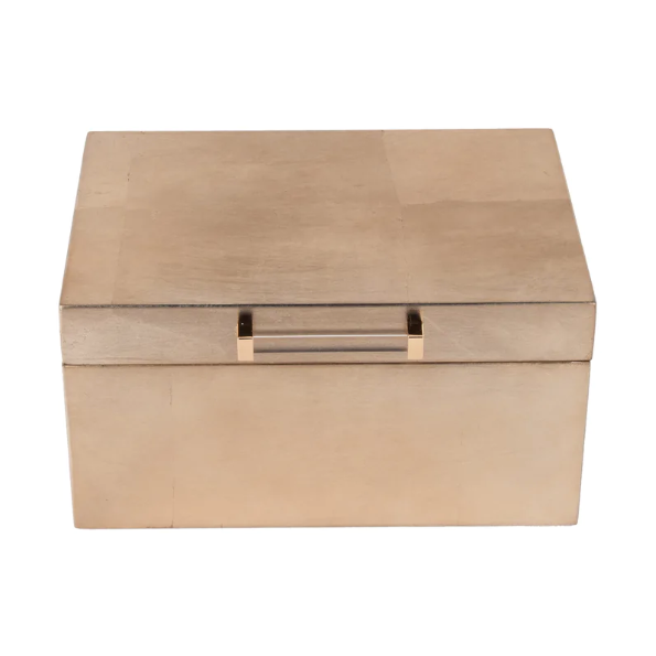A gold-colored, velvet-lined jewelry box with a removable tray.