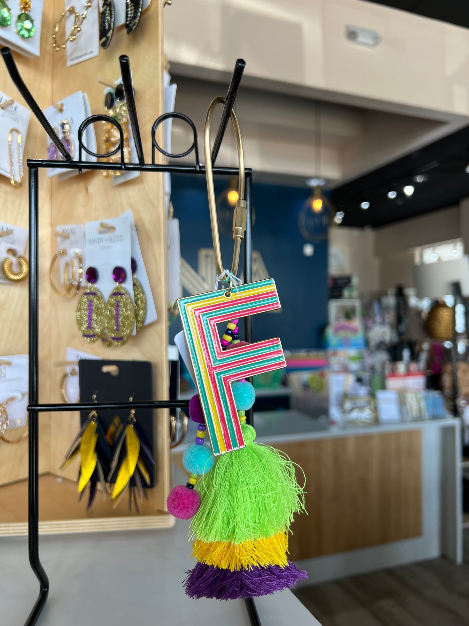 Enamel "F" with Multi Beaded Strands Poms Stacked Tassel Keychain (FINAL SALE)