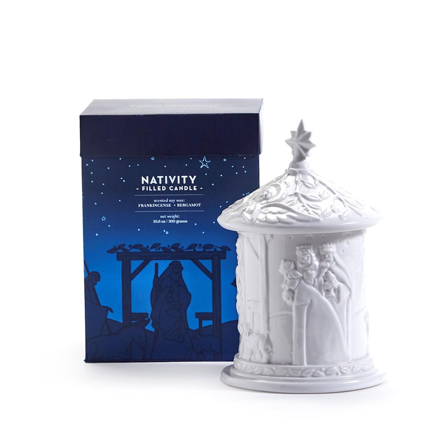 Nativity Lidded Jar Filled with Frankincense-Bergamot Scent Wax in Gift Box