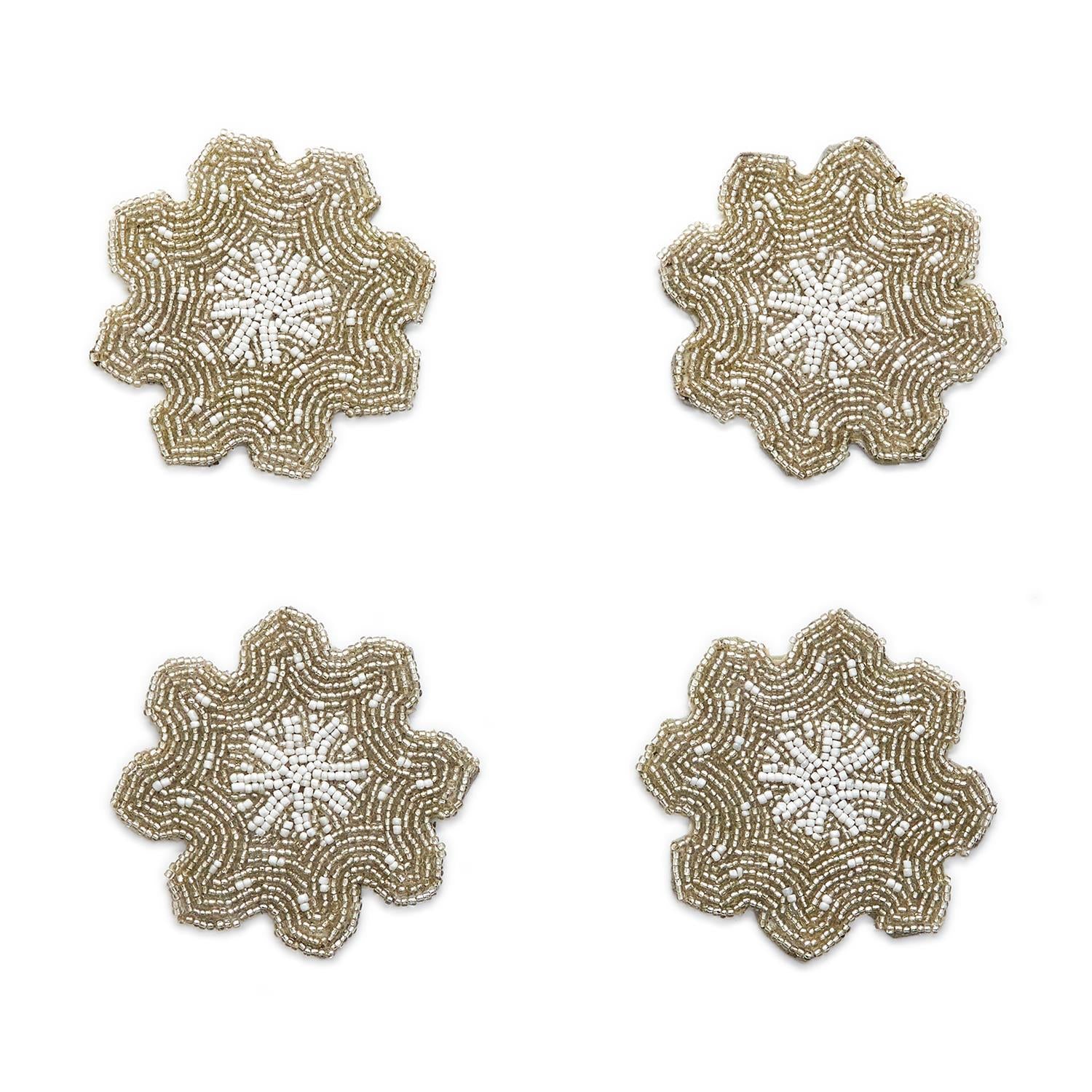 Shimmering Snowflake Hand-Beaded Embroidery Coasters (Set of 4)