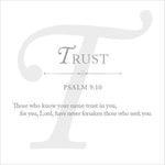 Digital typography graphic featuring the word Trust in dark grey text centered above Psalm 9:10, set against a subtle large light grey initial T and the verse 'Those who know your name trust in you, for you, Lord, have never forsaken those who seek you' on a white background