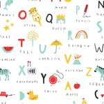 Digital illustration of a cheerful children's alphabet chart displaying letters from A to Z with whimsical illustrations such as a bright yellow otter, a vibrant colorful rainbow, and a light blue erupting volcano