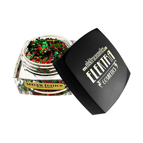 Product photo by Elektra Cosmetics featuring an open clear jar of Special Edition Bolt Balm vibrant red and green glitter beside a black lid with a gold Elektra Cosmetics logo