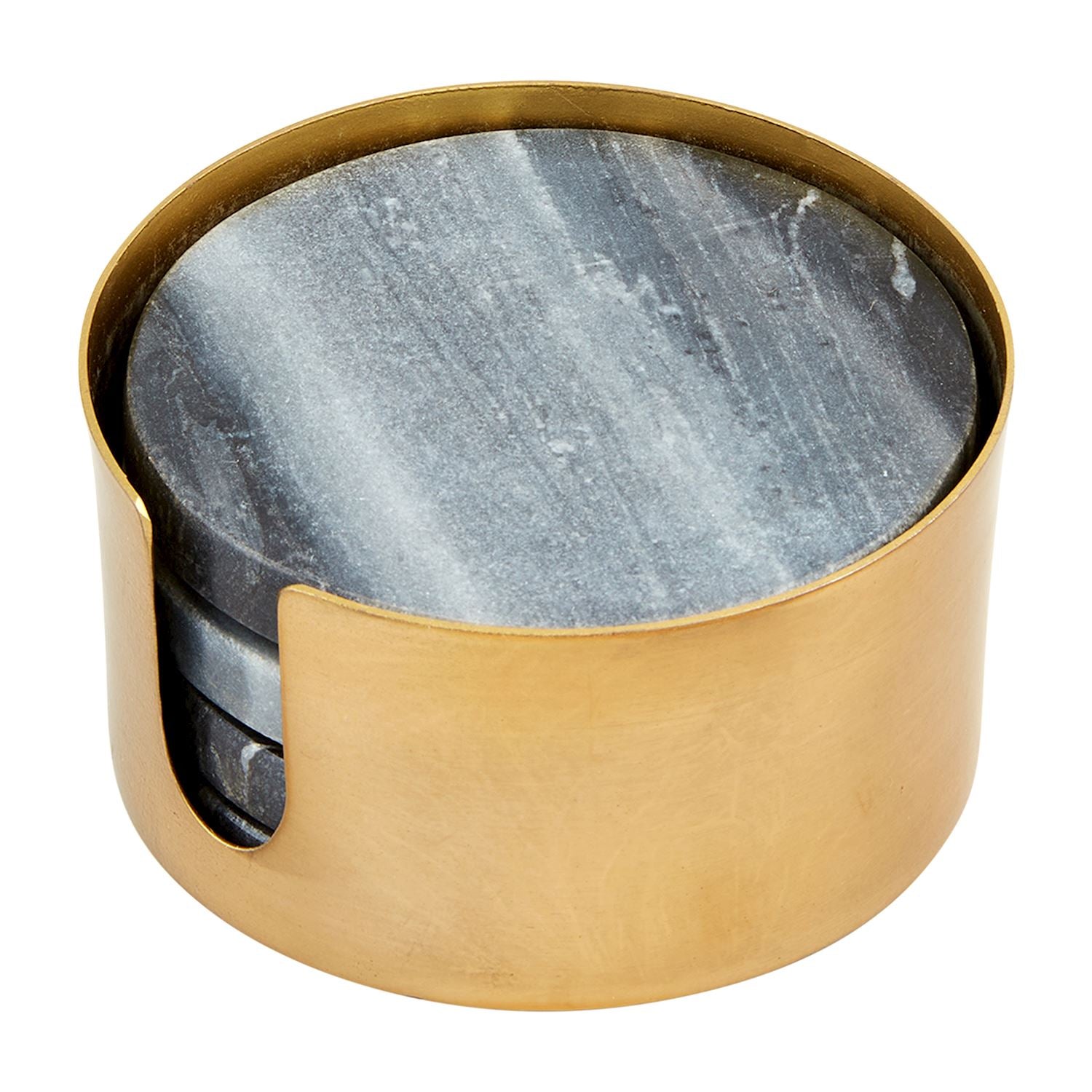 Round dark grey marble coasters with natural white veining stacked in a polished gold brass holder featuring a front cutout
