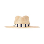 Light brown woven straw fedora hat featuring a wide brim and a navy blue and white striped band