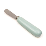 A stainless steel butter knife with a glossy light mint green rounded handle